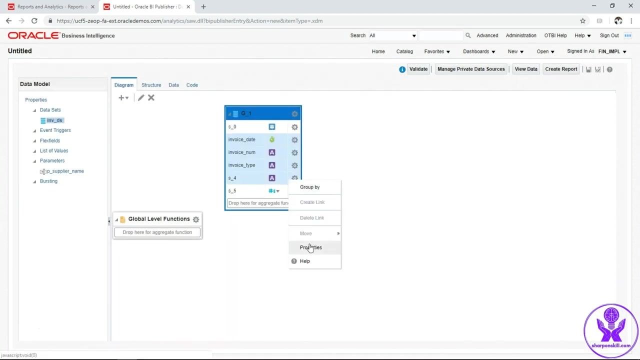 Context menu open on the Oracle BI Publisher data model diagram with the Properties option highlighted for column s_5