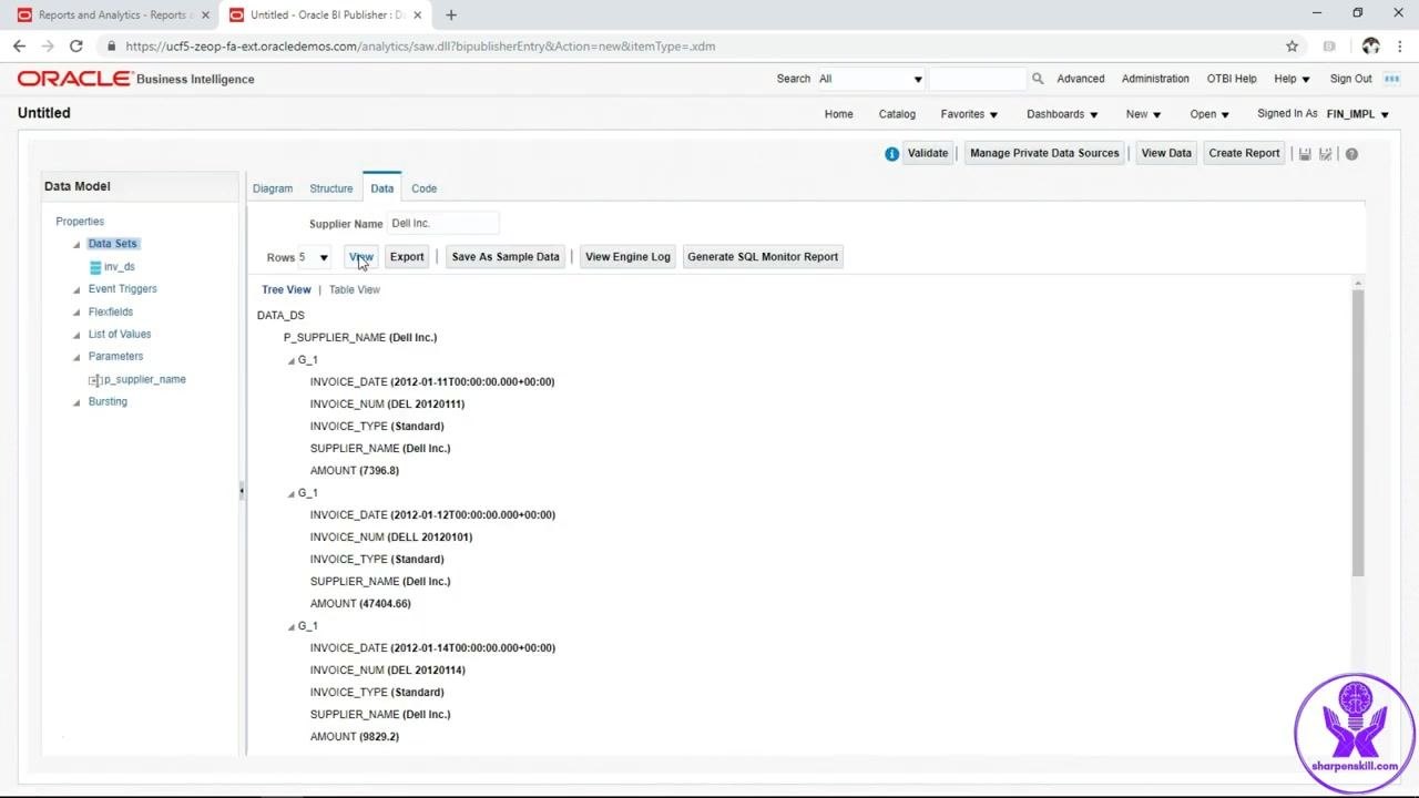Edit Data Set - inv_ds dialog showing the SQL query with a WHERE clause for supplier name and the OK button highlighted