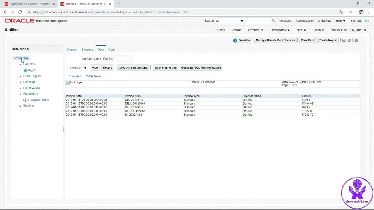 Properties panel with the cursor hovering over the View Data button at the top of the Oracle BI Publisher interface