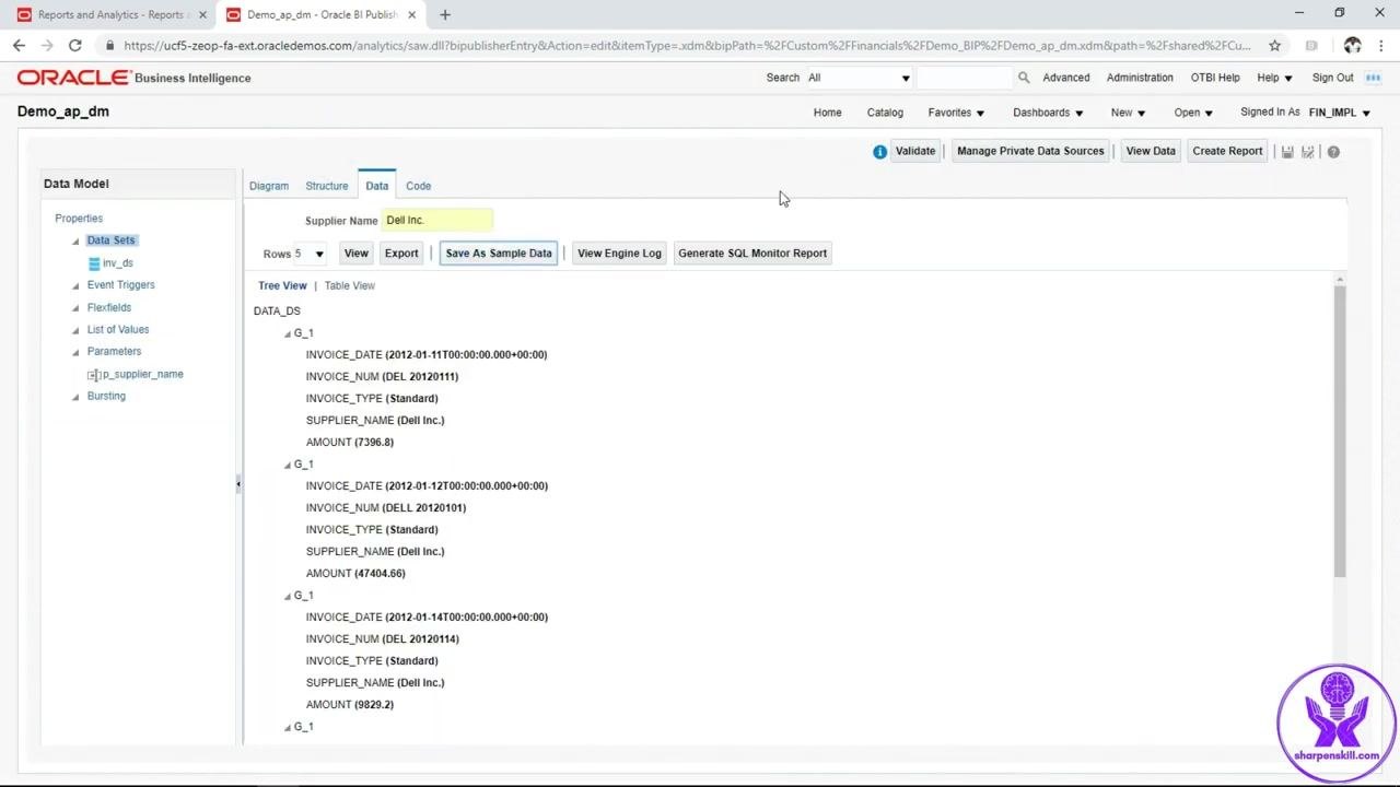 Data tab showing results for supplier Dell Inc. with the Save As Sample Data button highlighted