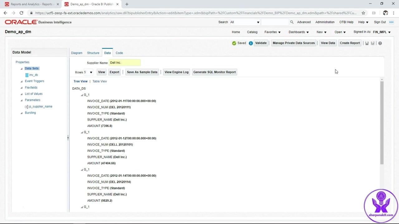 Data tab showing invoice data for Dell Inc. with the Create Report button visible at the top right