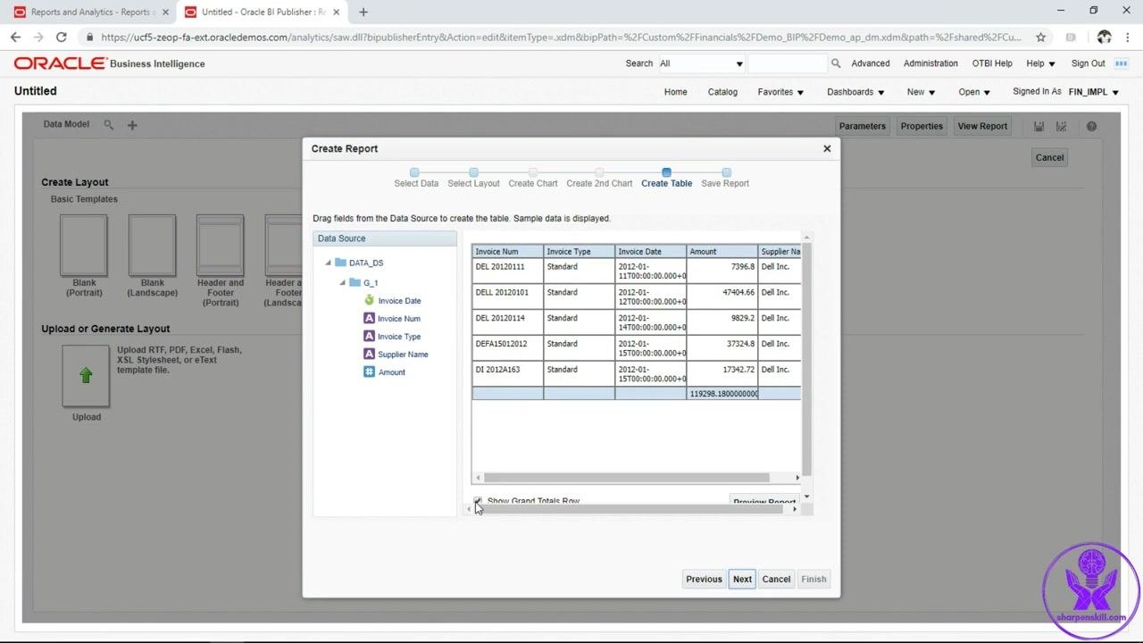 Create Table step with fields Invoice Num, Invoice Type, Invoice Date, Amount, and Supplier Name being dragged into the table, with sample data displayed
