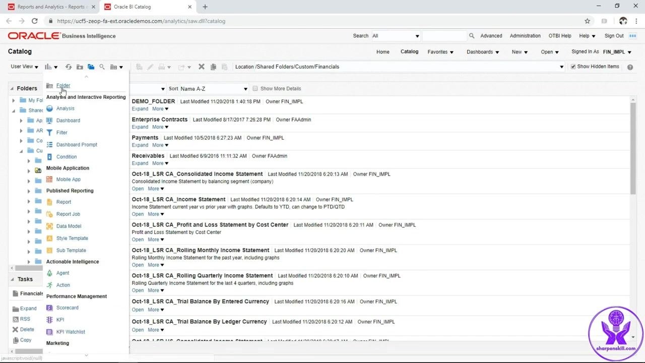 Oracle Fusion Navigator menu with the cursor pointing to Reports and Analytics under the Tools section