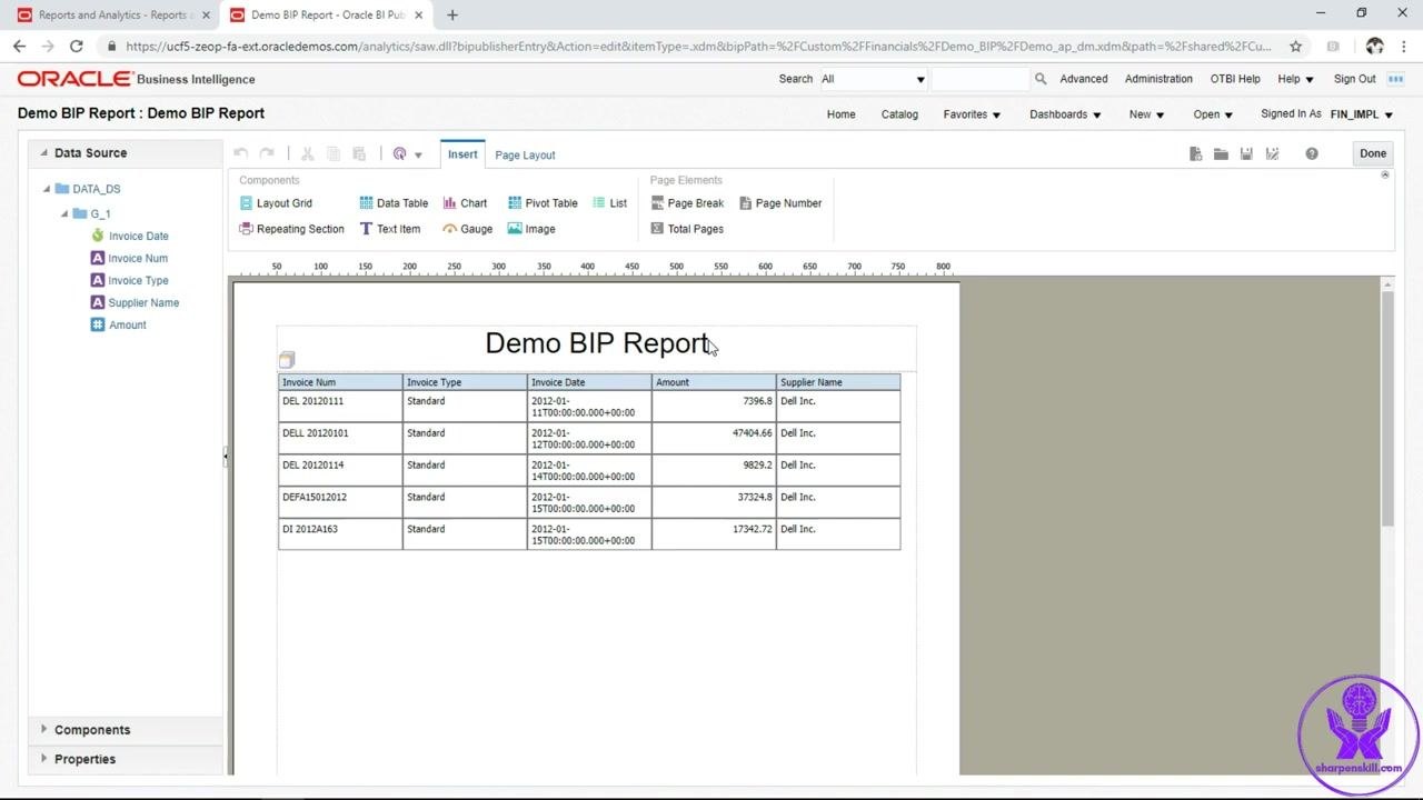 Save As dialog showing folder navigation and the report name Demo BIP Report being entered, with the OK button highlighted