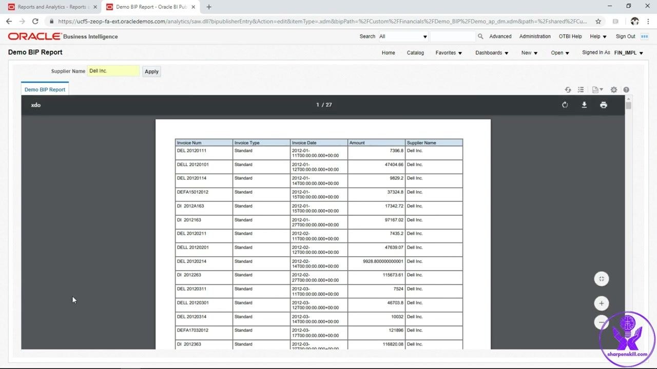 Report shown with navigation controls such as 1 / 27 and export/print icons above the table, displaying invoice data for Dell Inc. across multiple pages