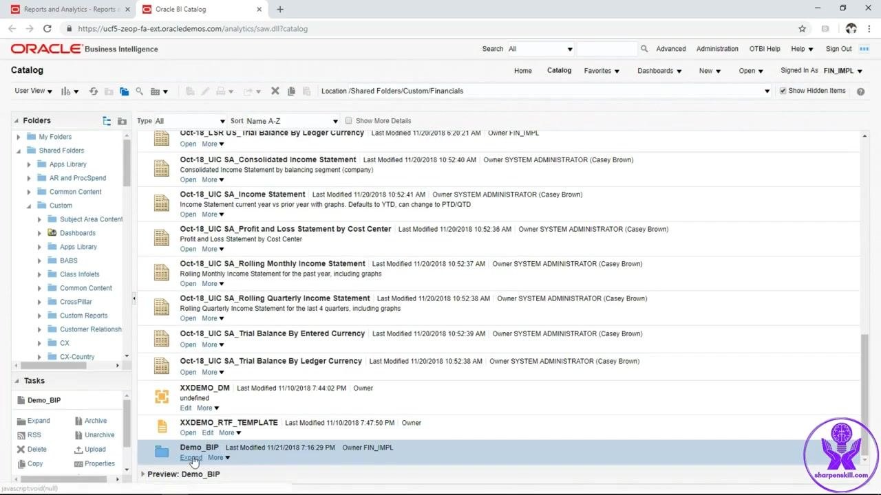 Oracle BI Catalog showing the new Demo_BIP folder created and selected in the folder tree