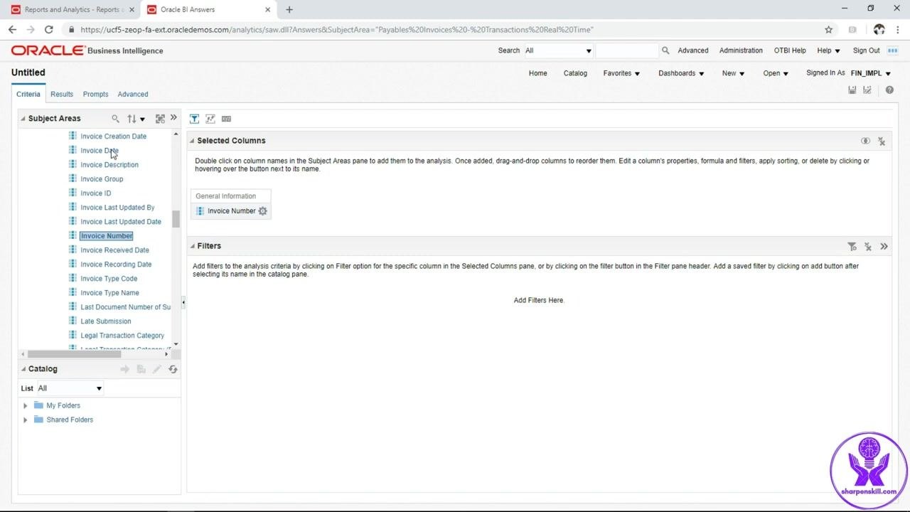 Oracle BI Answers screen with Invoice Number selected and Invoice Date being selected from the available columns list