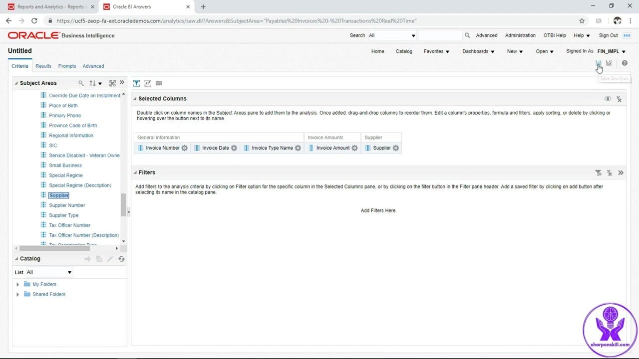 Oracle BI Answers screen with Invoice Amount and Supplier added to Selected Columns