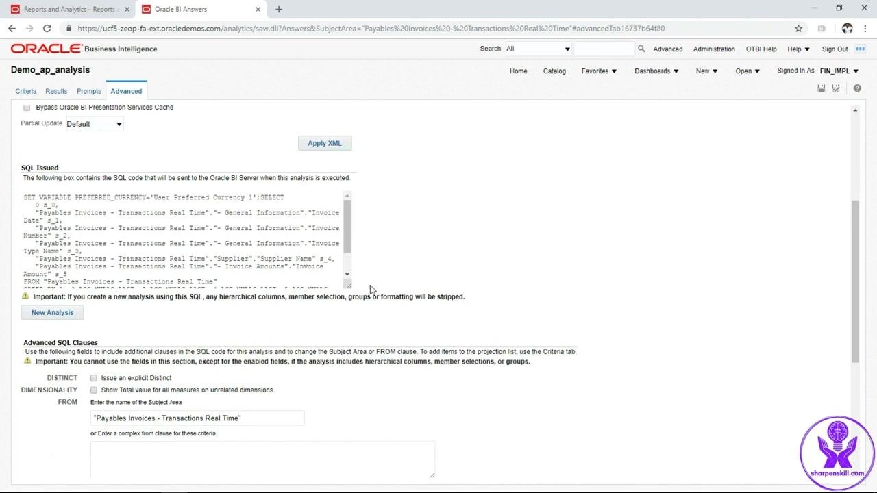 Oracle BI Answers screen showing the analysis named Demo_ap_analysis with the cursor on the Results tab