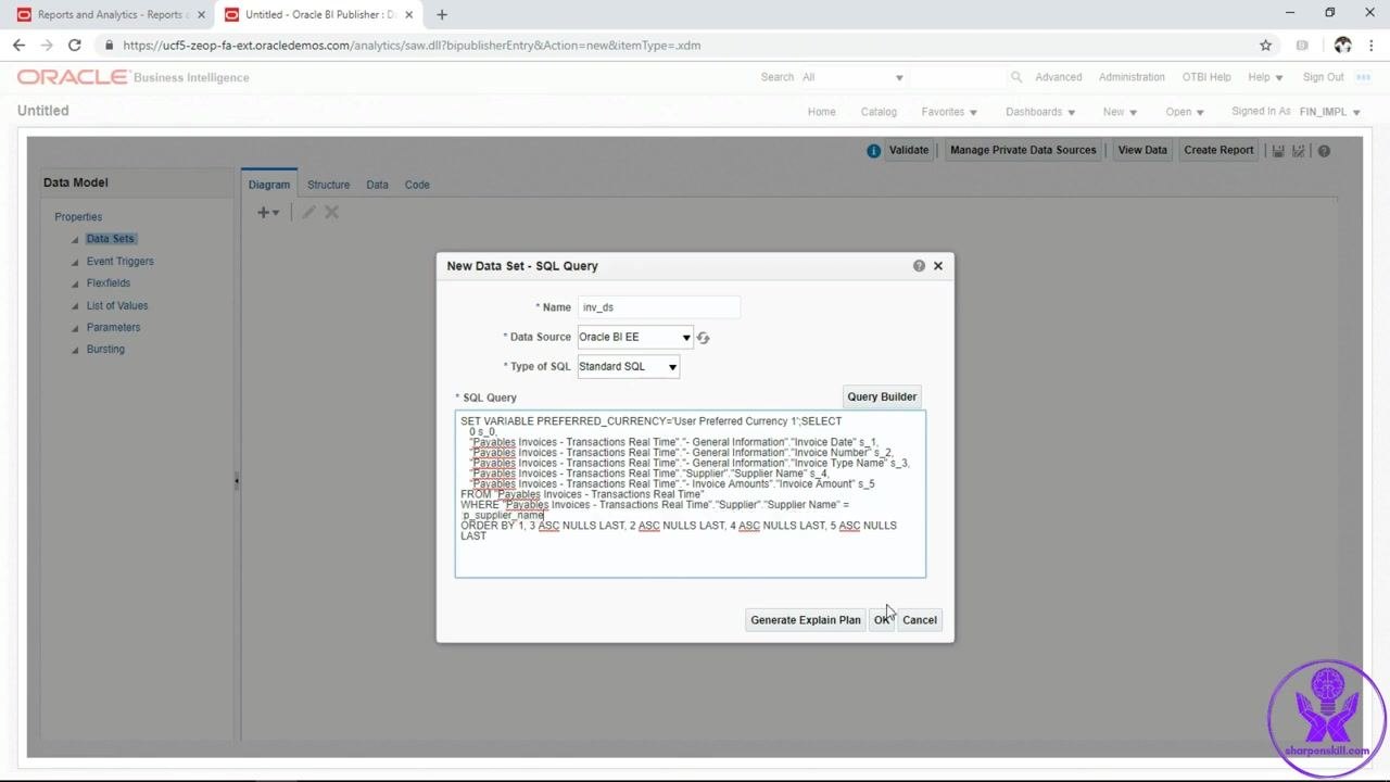 BI Publisher Parameters screen showing p_supplier_name with Display Label Supplier Name and Parameter Type Text