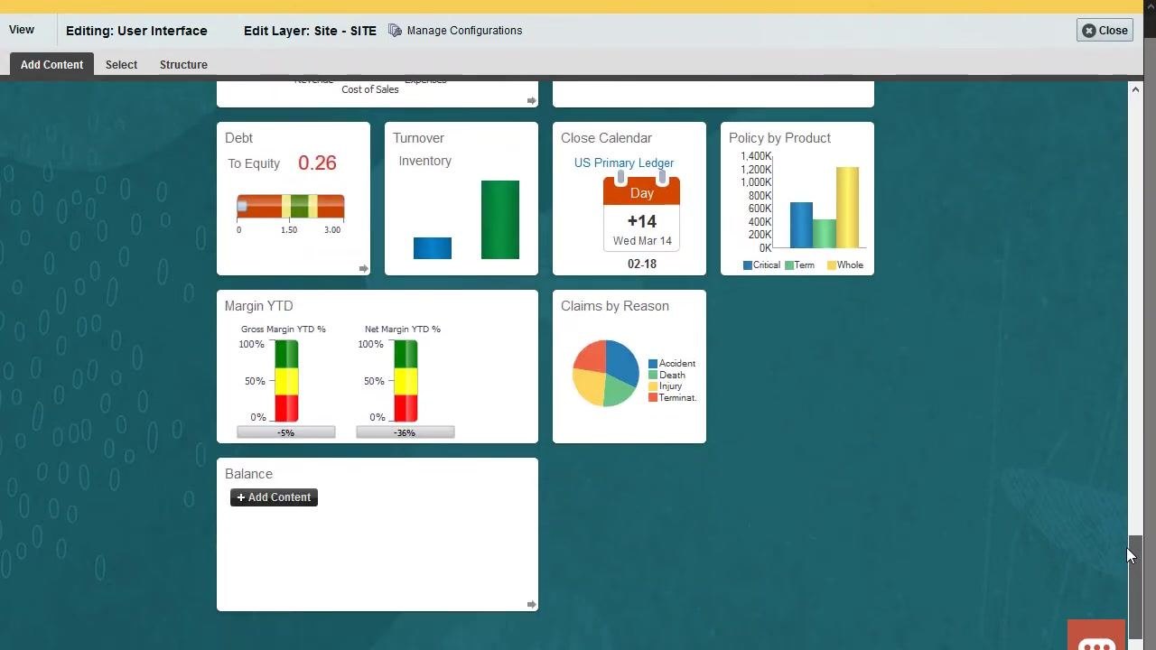 Dashboard showing the newly created "Balance" infolet with an Add Content button, ready for content addition