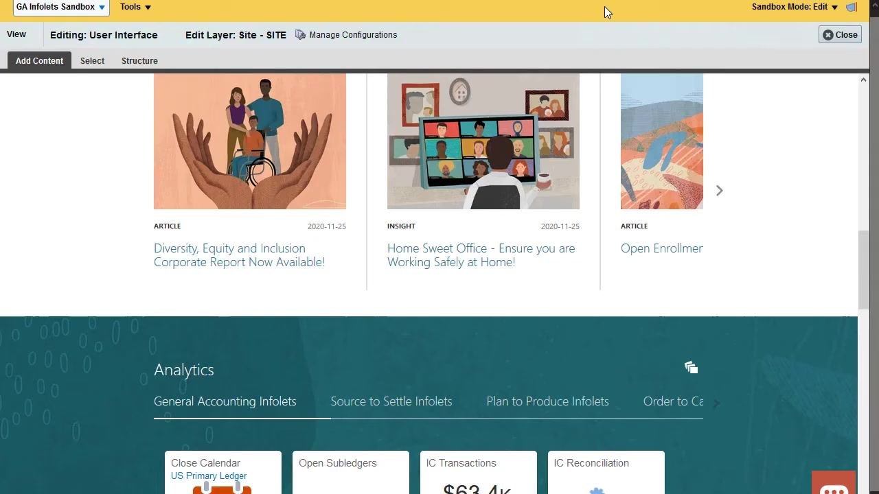 Dashboard in edit mode, showing the infolet area and options to add or link detailed reports