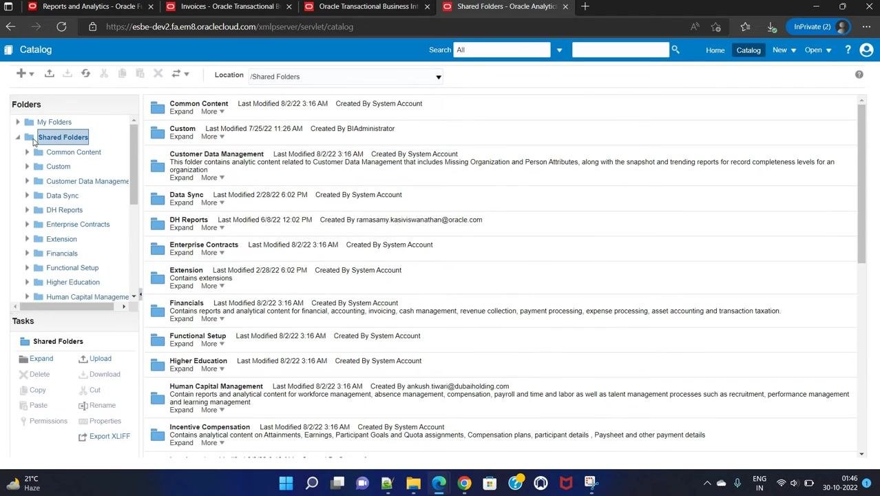 Oracle Analytics Publisher home screen showing the Catalog button and recent reports