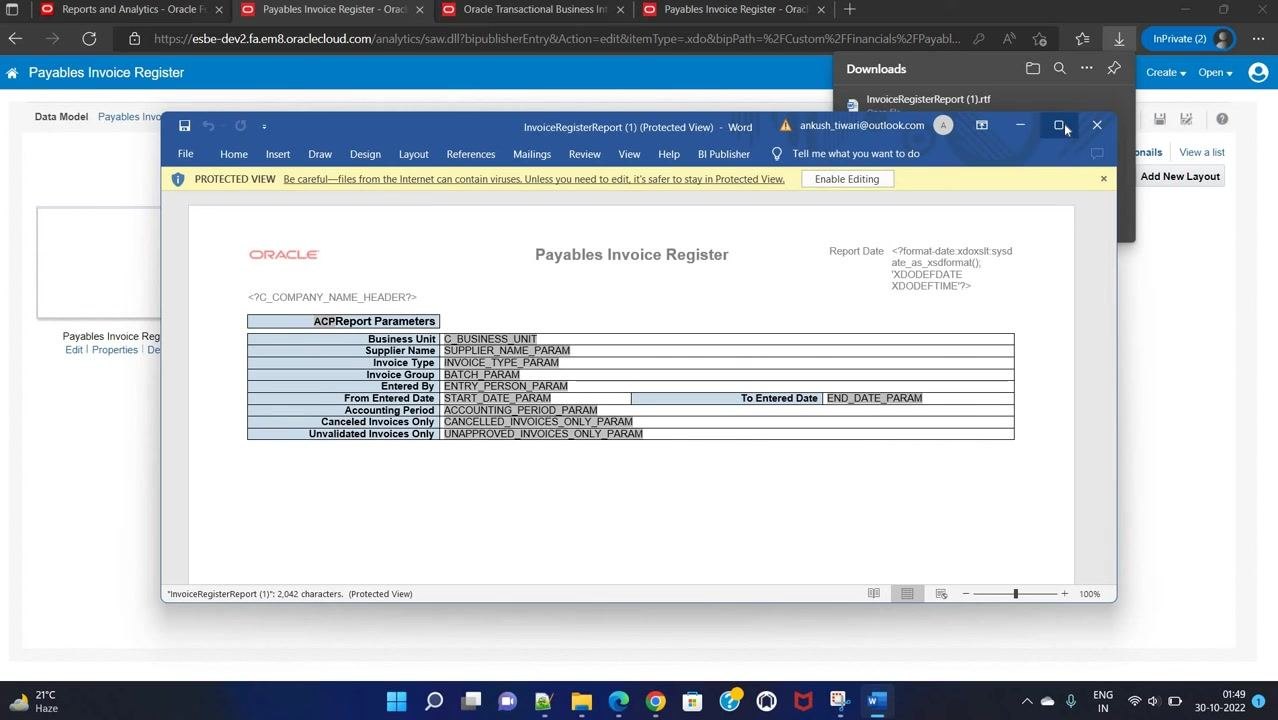 Microsoft Word window showing the downloaded Payables Invoice Register template in Protected View, with the report parameters table visible
