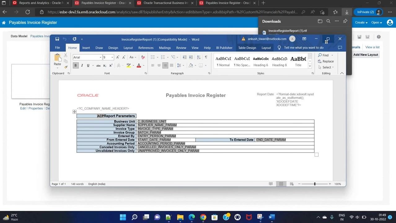 Microsoft Word window with the Payables Invoice Register template open and editable, showing the report parameters table