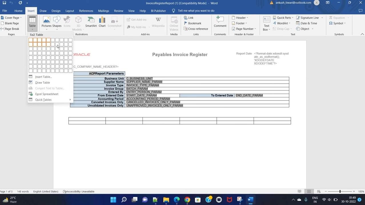 Microsoft Word window showing a new 5x2 table being inserted into the Payables Invoice Register template, with the report parameters table visible above