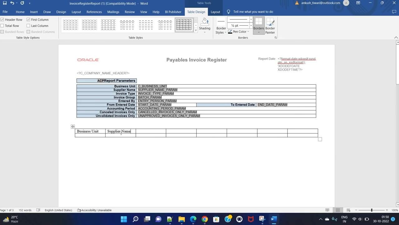 Microsoft Word window with the redesigned table, showing Business Unit and Supplier Name as column headers