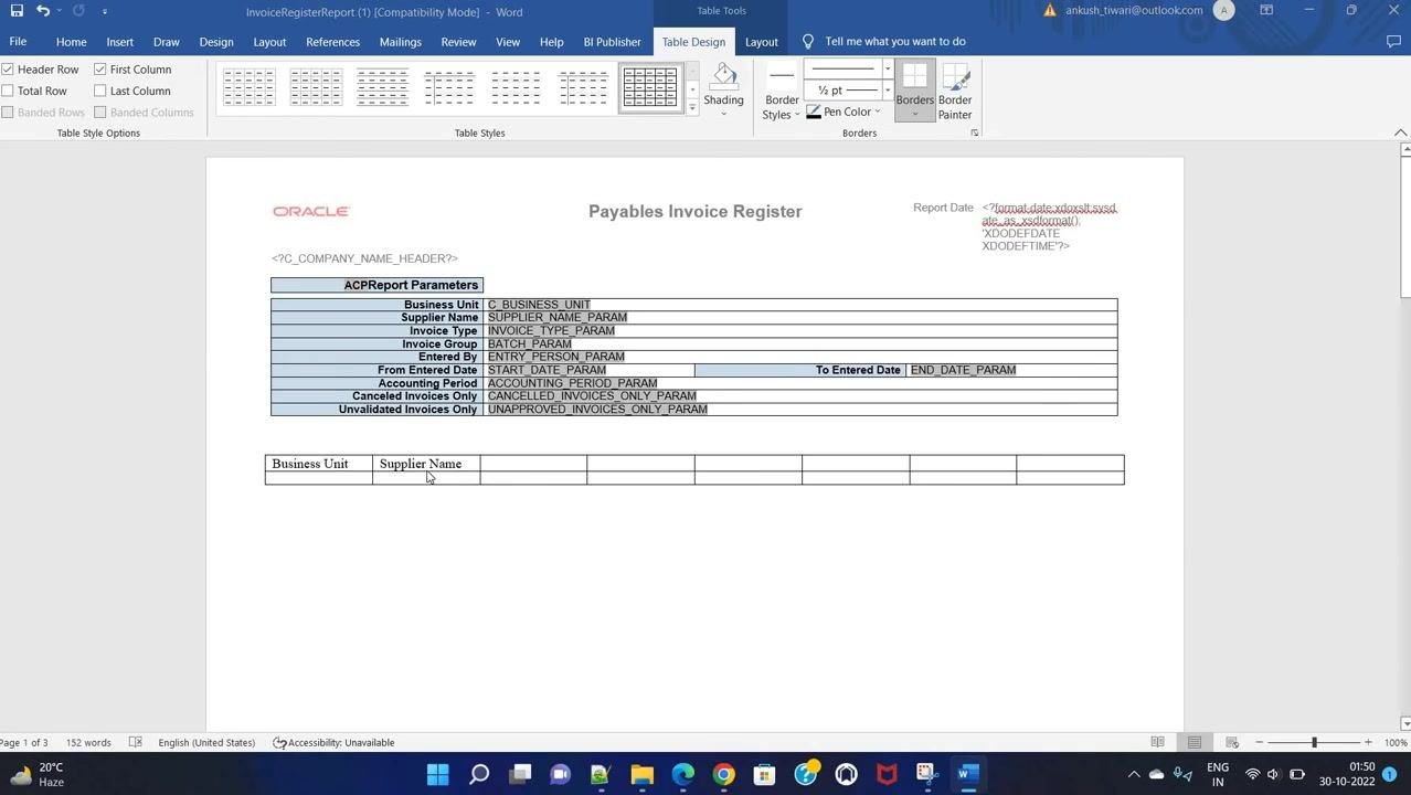 File upload dialog open in Oracle Cloud, showing selection of the modified InvoiceRegisterReport.rtf file
