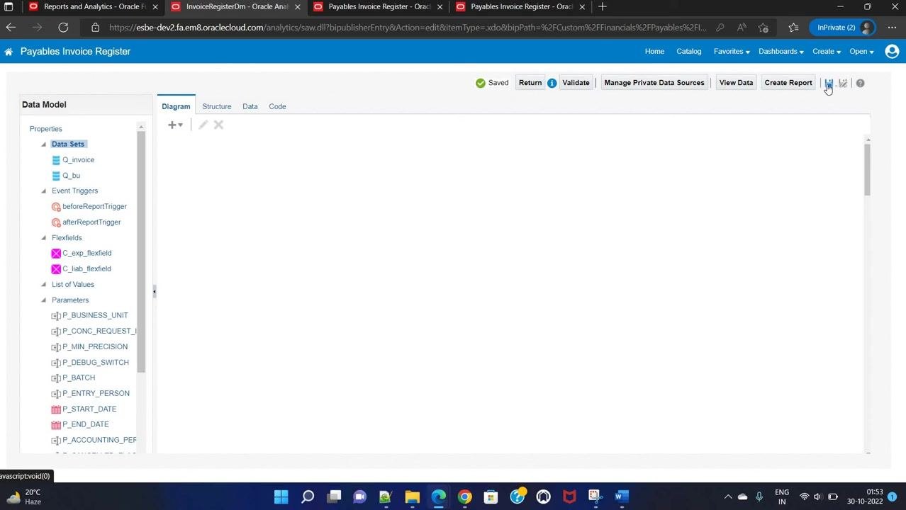 Oracle Cloud report editor showing the Data Model structure, parameters, and actions such as Save, Validate, Manage Private Data Sources, View Data, and Create Report