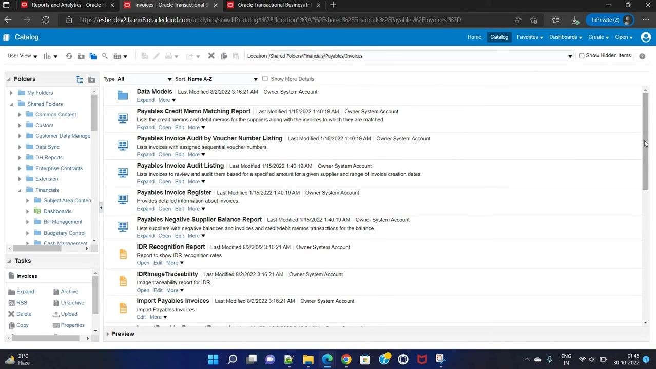 Catalog navigation showing Shared Folders > Financials > Payables > Invoices