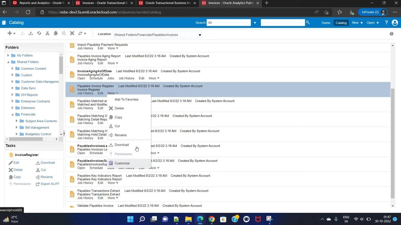 Payables Invoice Register report with the More menu open and the Customize option visible