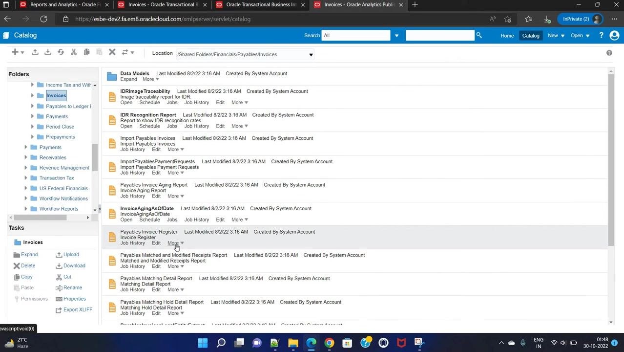 Catalog screen showing the Custom folder expanded, with subfolders including AutoConfig, CloudTools, Dashboards, and Financials