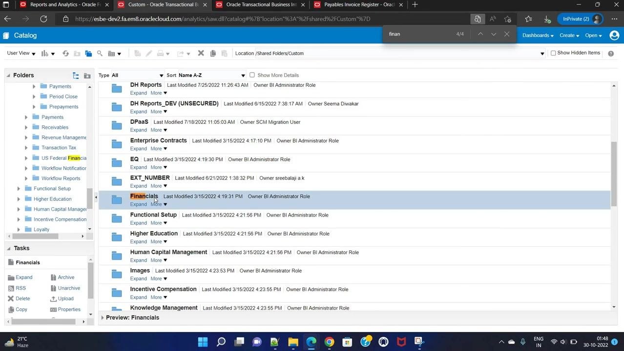 Catalog screen with the Financials folder selected under Shared Folders > Custom, showing subfolders like Collections, Expenses, and Payables