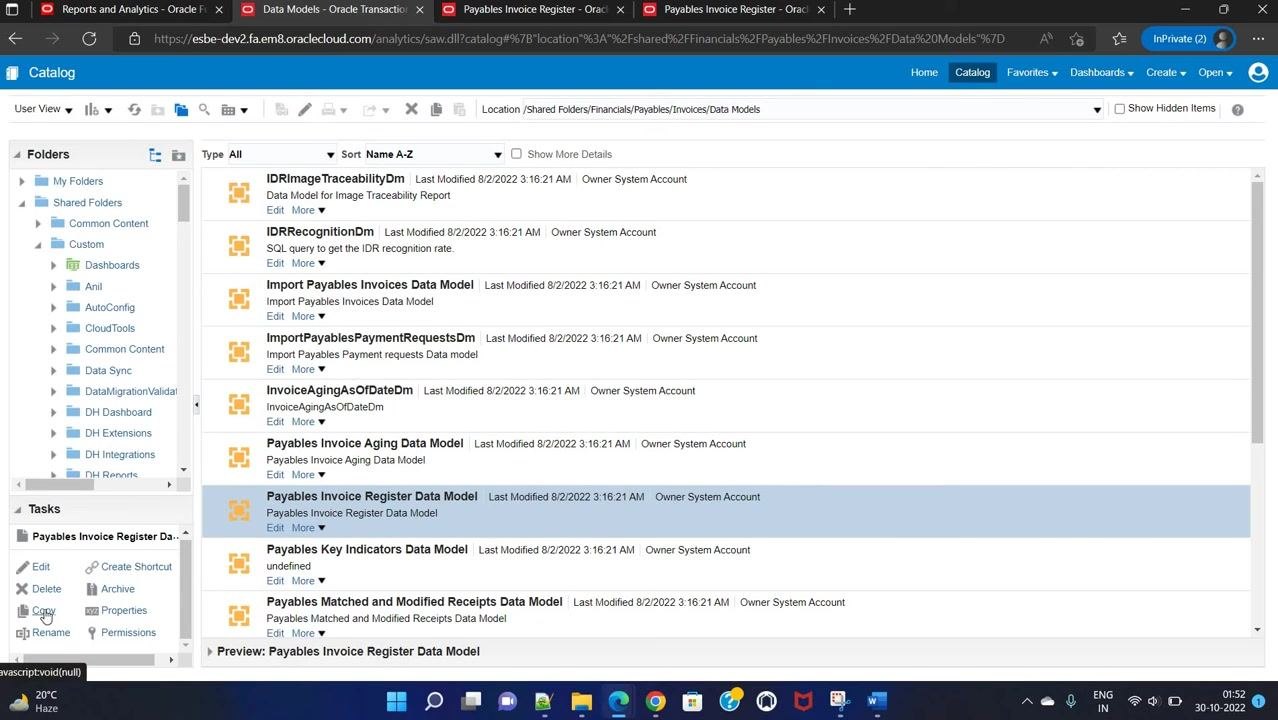 Oracle Cloud Catalog showing data models under Financials > Payables > Invoices > Data Models, with Payables Invoice Register Data Model highlighted