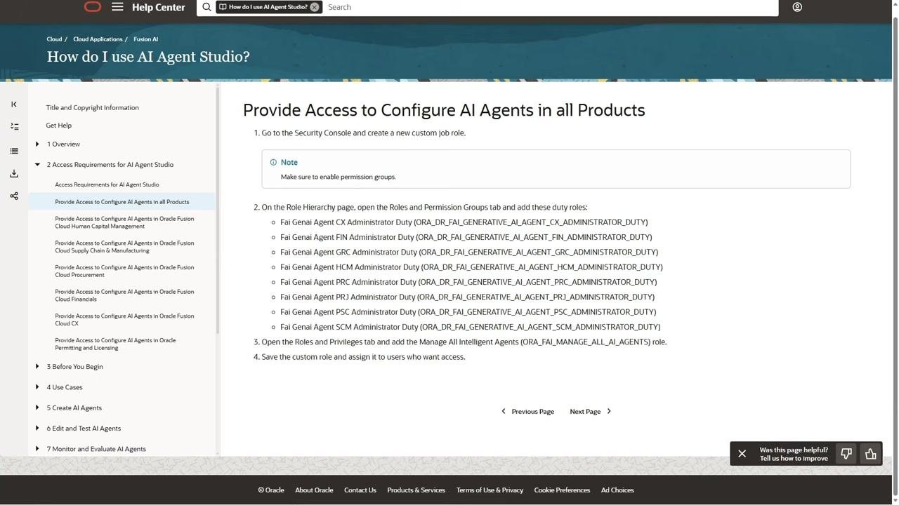 Oracle Help Center page listing the duty roles required to configure AI Agents across all products, with "Provide Access to Configure AI Agents in all Products" highlighted in the left navigation.