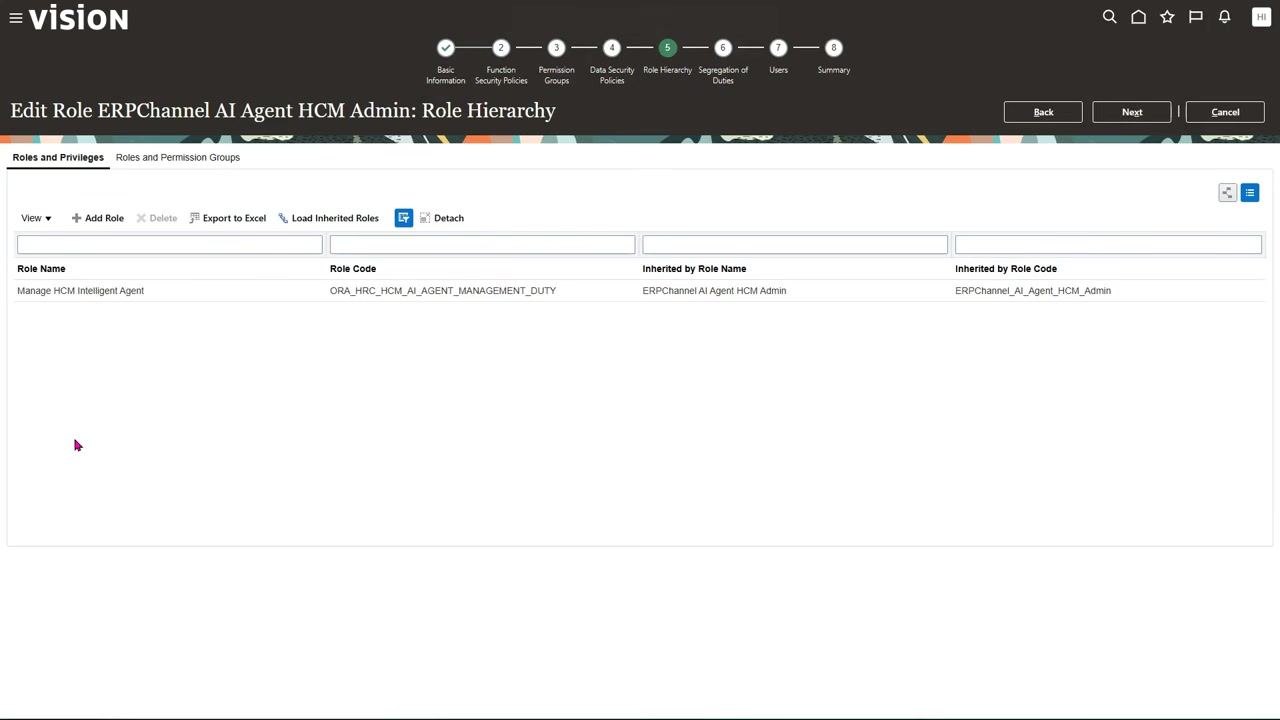 Role Hierarchy step showing "Manage HCM Intelligent Agent" inherited by "ERPChannel AI Agent HCM Admin".