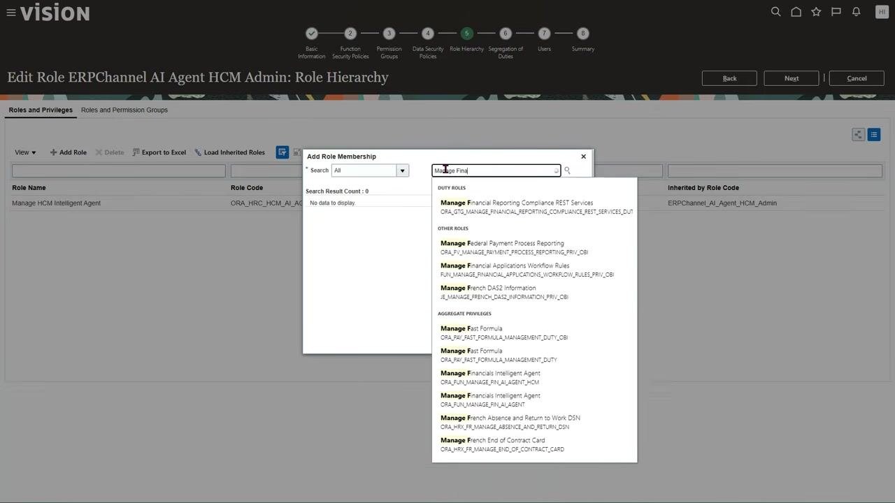 Add Role Membership dialog filtered by "Manage Finan" with "Manage Financials Intelligent Agent" visible in the list.