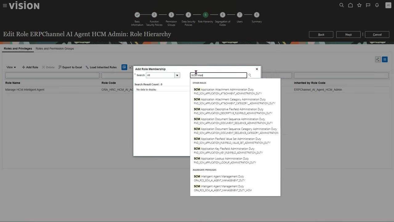 Add Role Membership dialog filtered by "SCM Intel" showing SCM Intelligent Agent Management Duty roles.