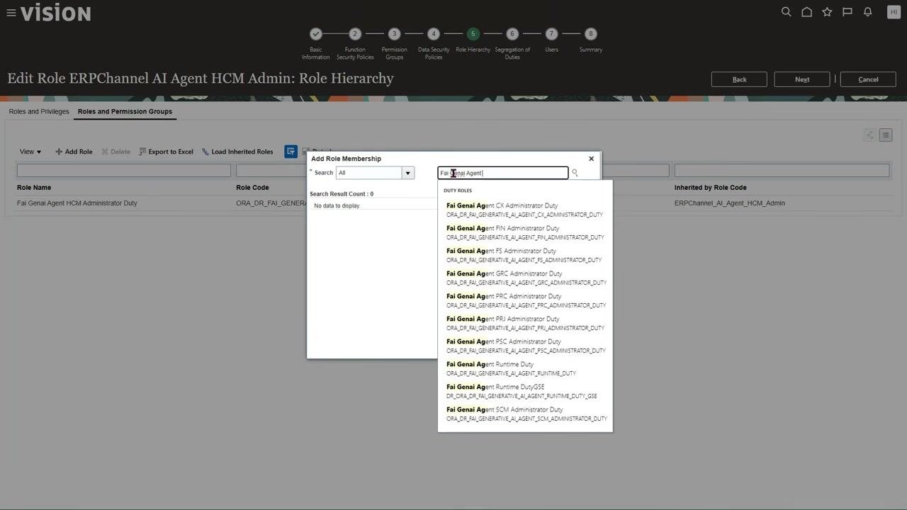 Add Role Membership dialog with "Fai Genai Agent" typed in the search field, showing a list of available duty roles.