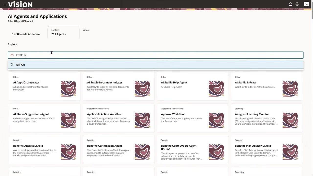 AI Agents and Applications screen with search results for "ERPCH" showing two matching agents.