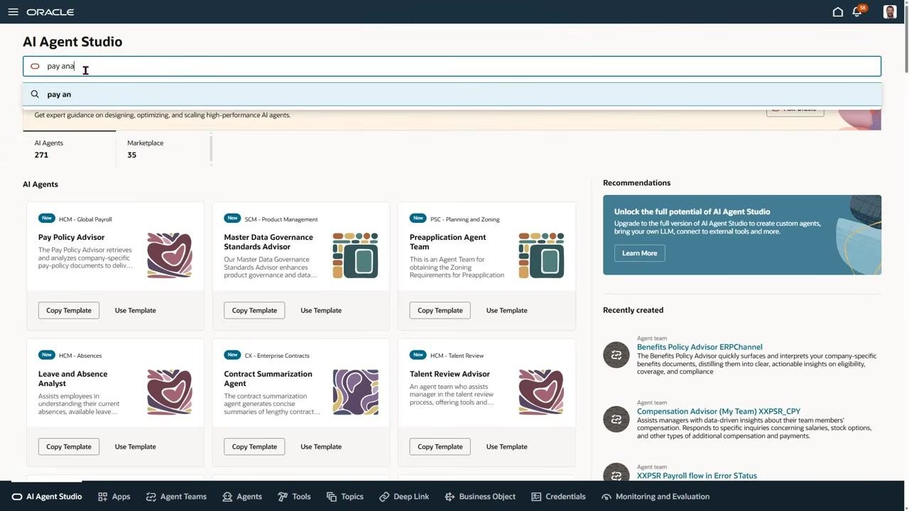 AI Agent Studio with "pay anal" typed in the search bar, showing filtered agent templates and the recommendations panel.