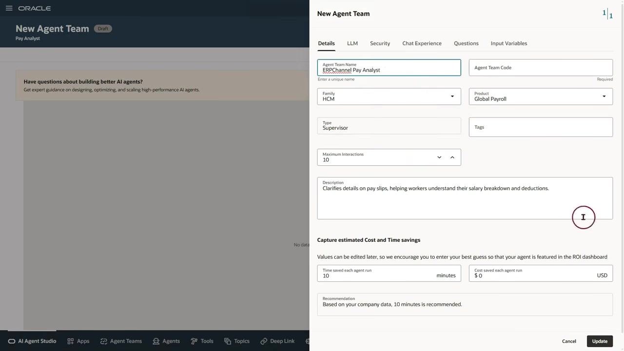 ERPChannel Pay Analyst draft screen with agent details and configuration options visible.