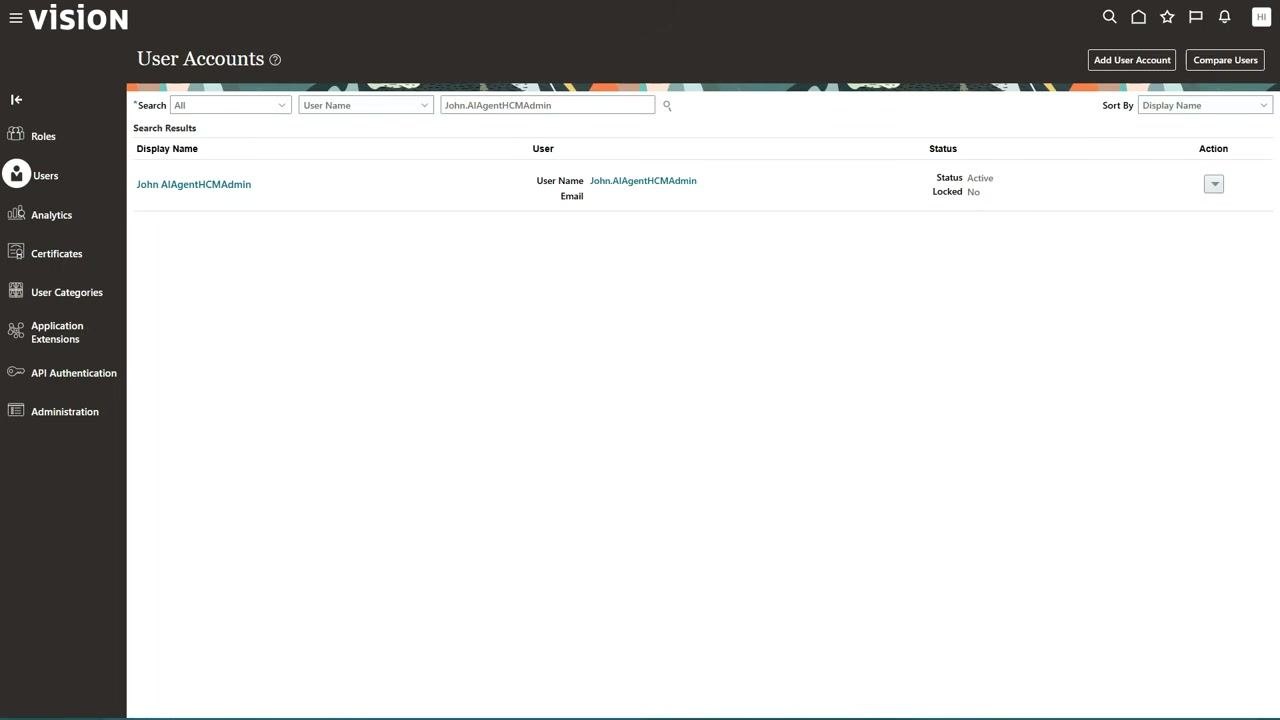 User Accounts screen listing the administrator account "John.AIAgentHCMAdmin" with an active, unlocked status.