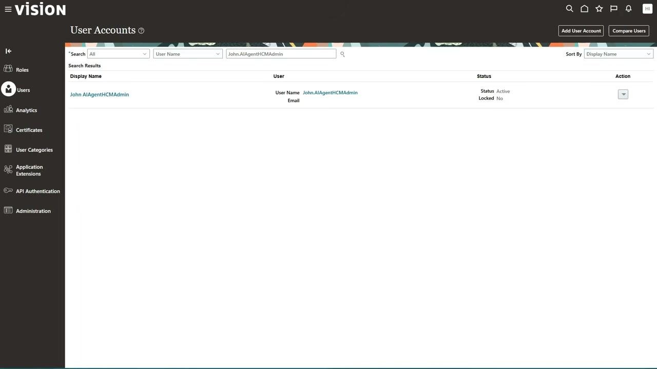 User Accounts screen with the administrator account highlighted in the context of HCM-specific access.