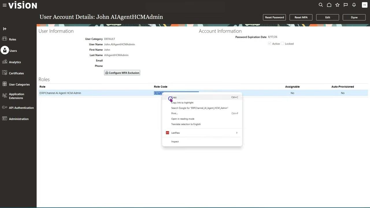 Cursor selecting "John.AIAgentHCMAdmin" in the User Accounts screen.