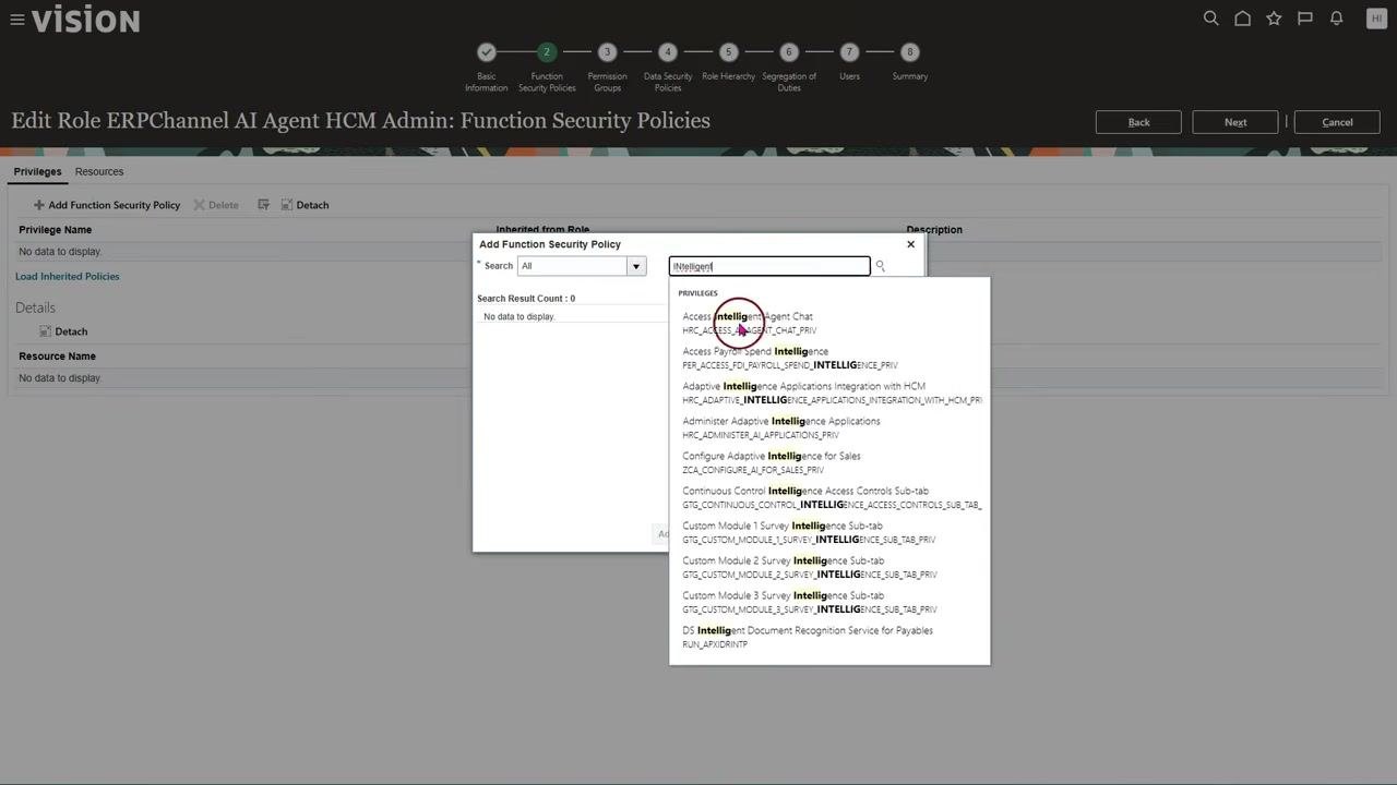 User Account Details page for "John.AIAgentHCMAdmin" showing the role assignment with a context menu open on the role code.