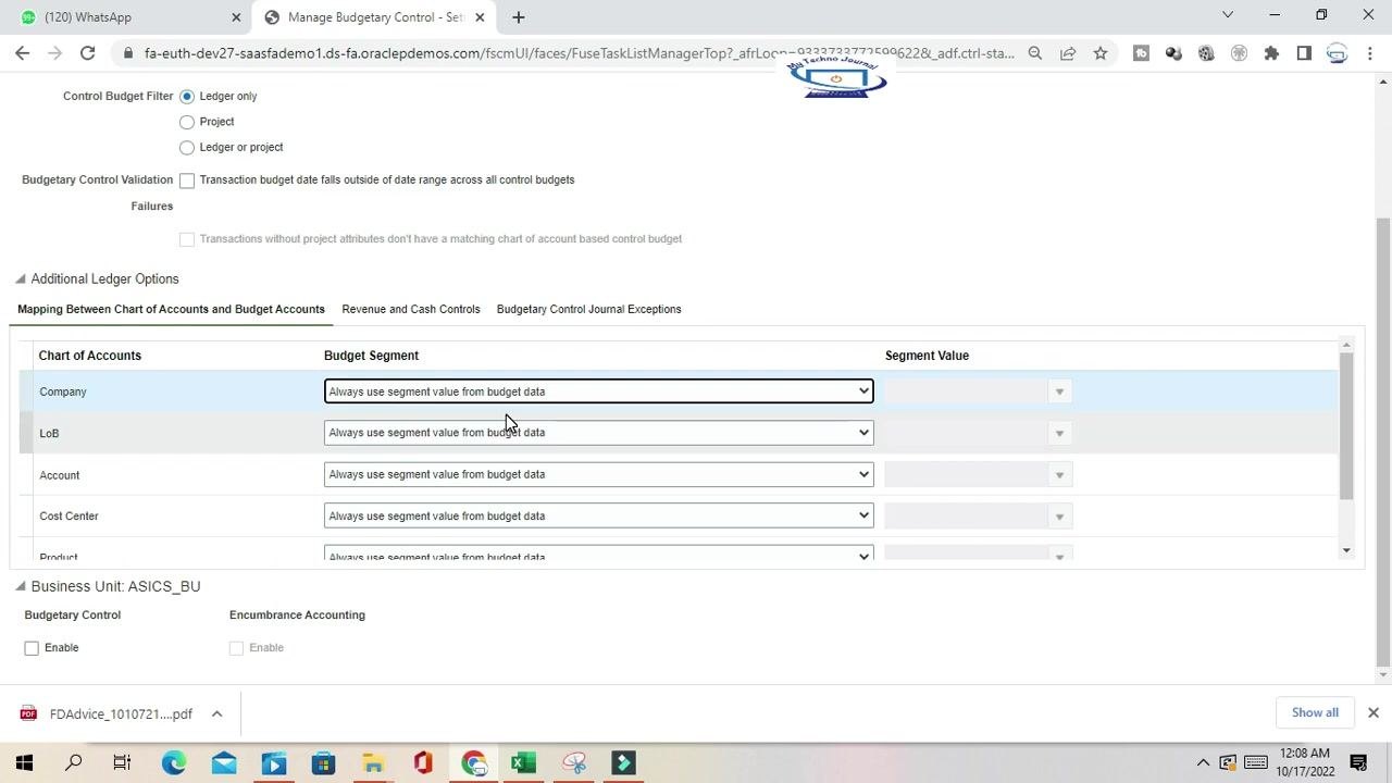 Screen showing all segments set to "Always use segment value from budget data."