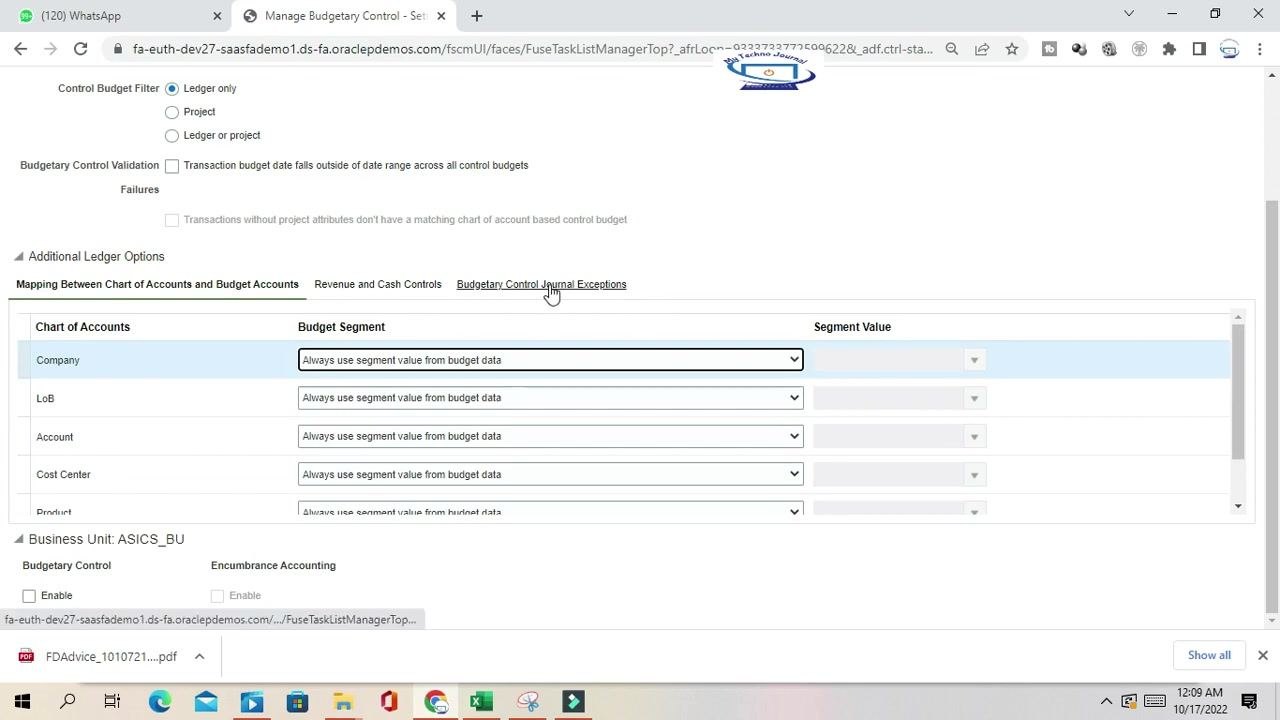 Budgetary Control Journal Exceptions tab listing journal sources and categories.