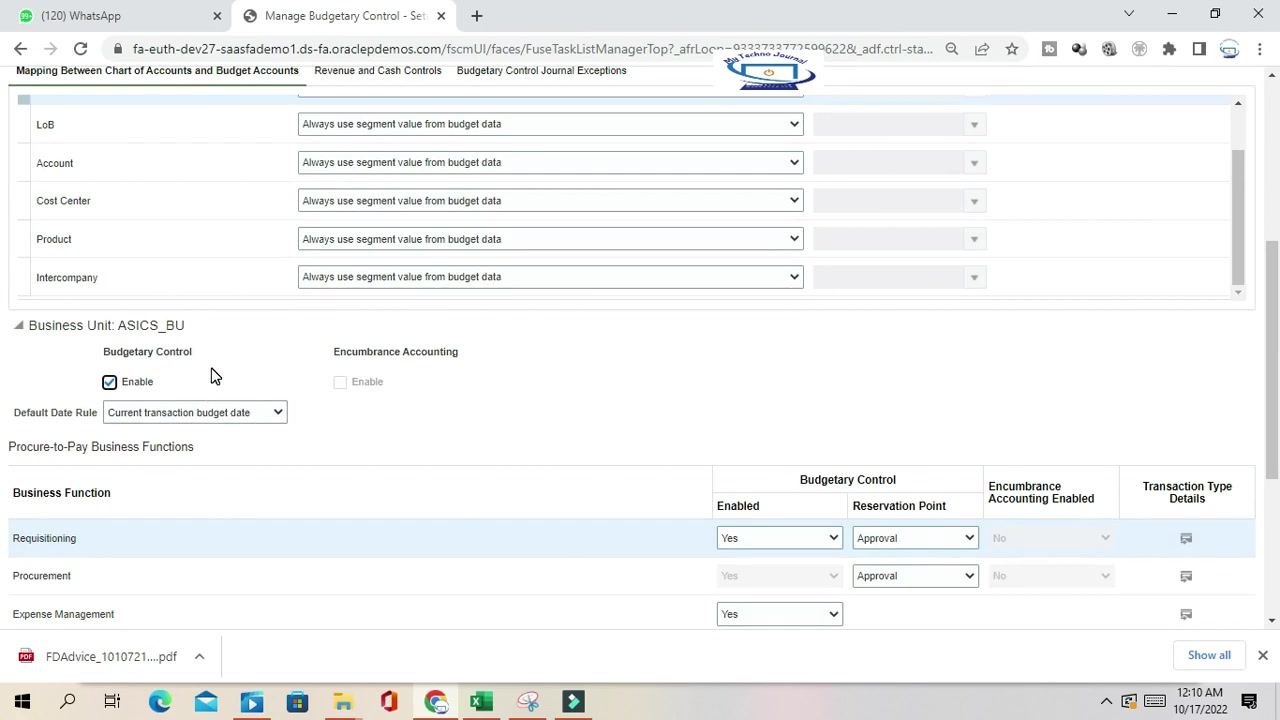 Business Unit section with budgetary control enabled and the default date rule set.