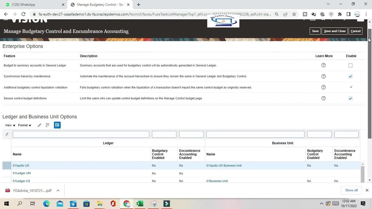 Manage Budgetary Control and Encumbrance Accounting screen showing enterprise options and a list of ledgers and business units with their status.