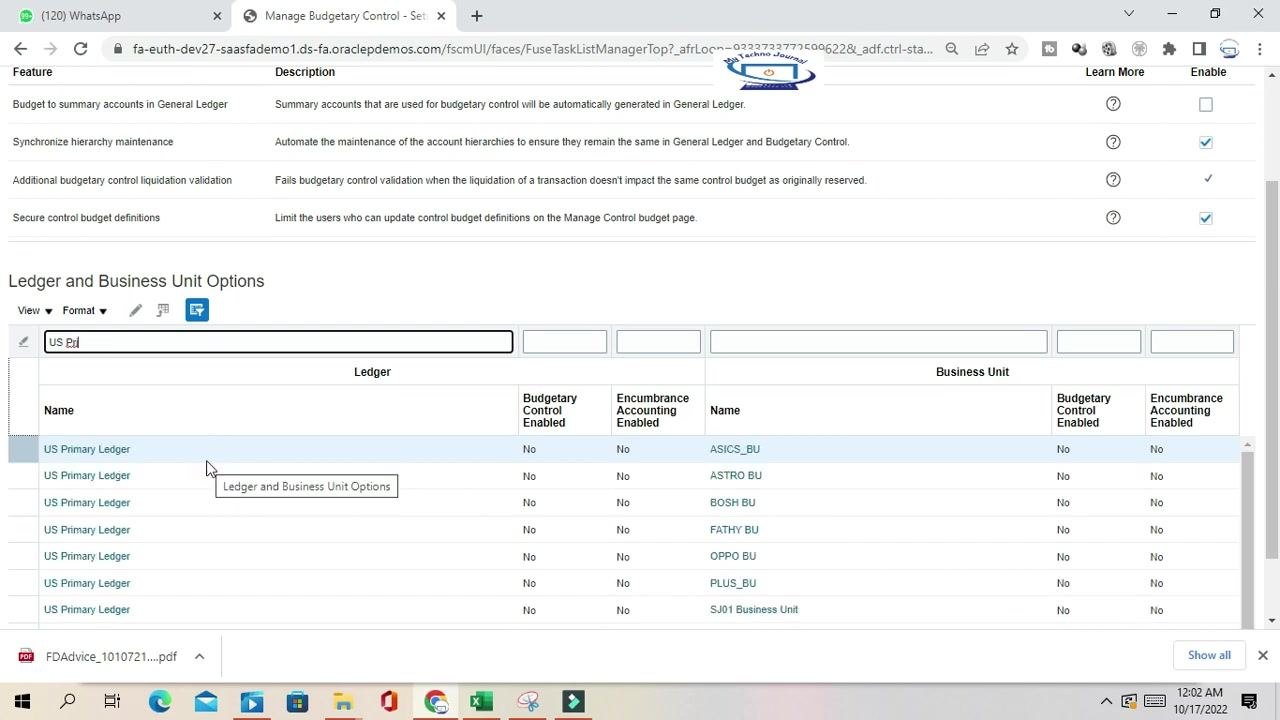 Ledger and Business Unit Options section filtered to "US Primary Ledger," showing budgetary control and encumbrance accounting both set to "No."