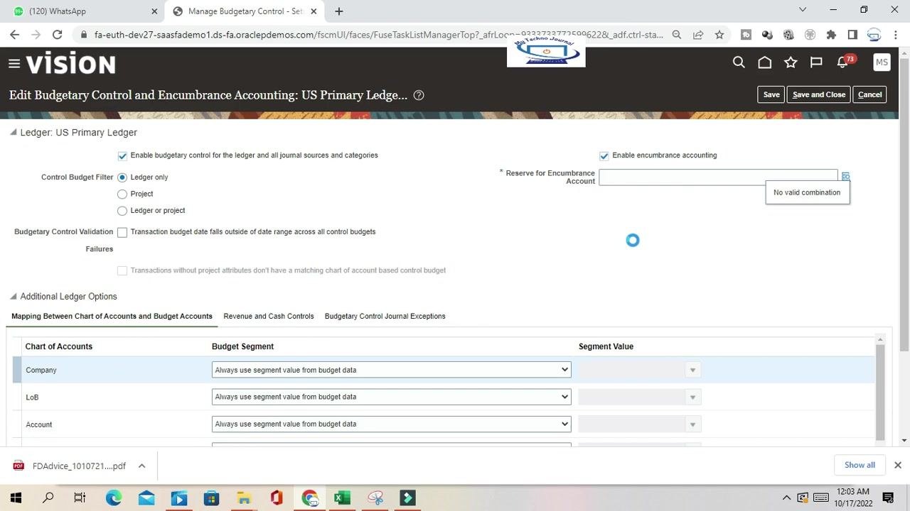 Screen showing encumbrance accounting enabled with reserve account selection and a "No valid combination" message.