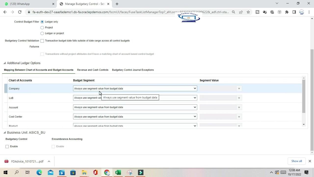 Mapping table between chart of accounts and budget segments, with dropdowns for each segment.