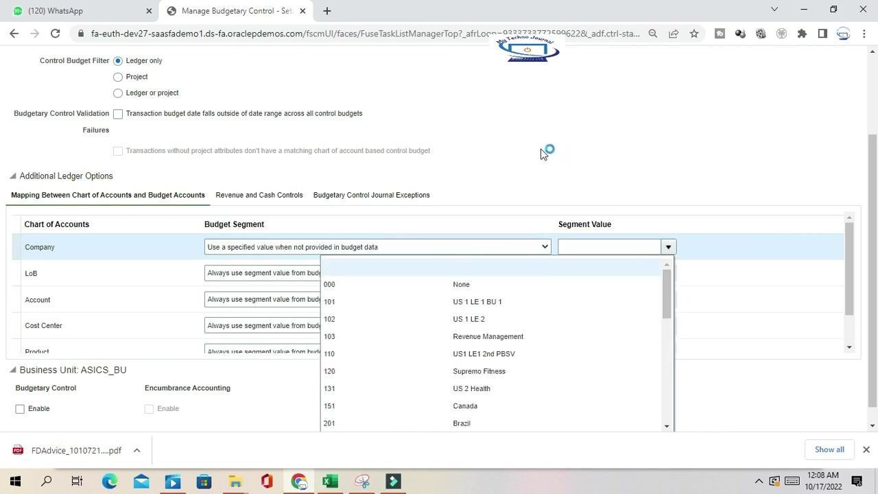 Dropdown for selecting a specific segment value for the Company segment, showing available values.