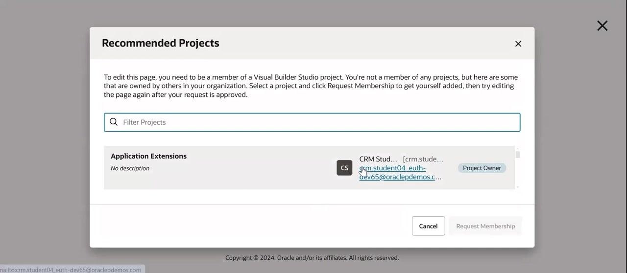Recommended Projects dialog with project owner details