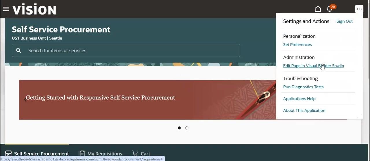 Oracle Applications Cloud home page with Procurement tab selected and Purchase Requisitions (New) tile highlighted